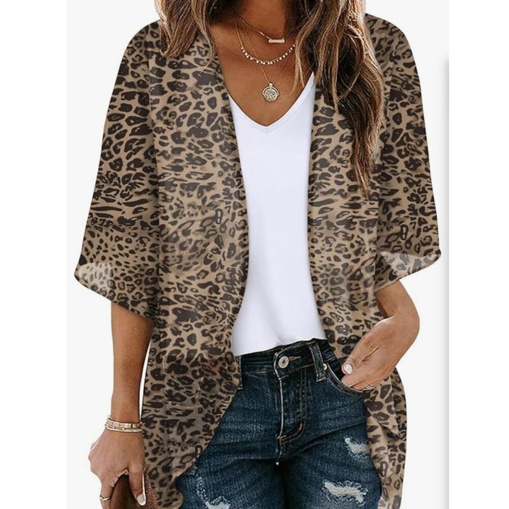 Ofeefan Casual Blouses Loose Fit Leopard Animal Print Cover Up XL